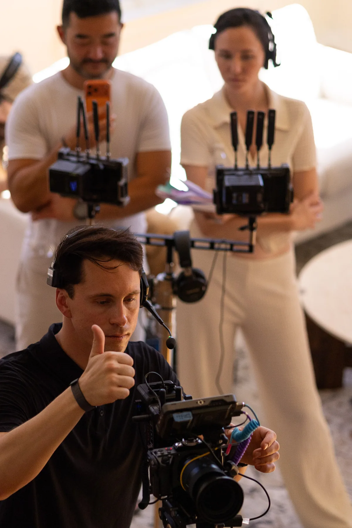 Crew operating cameras during a production